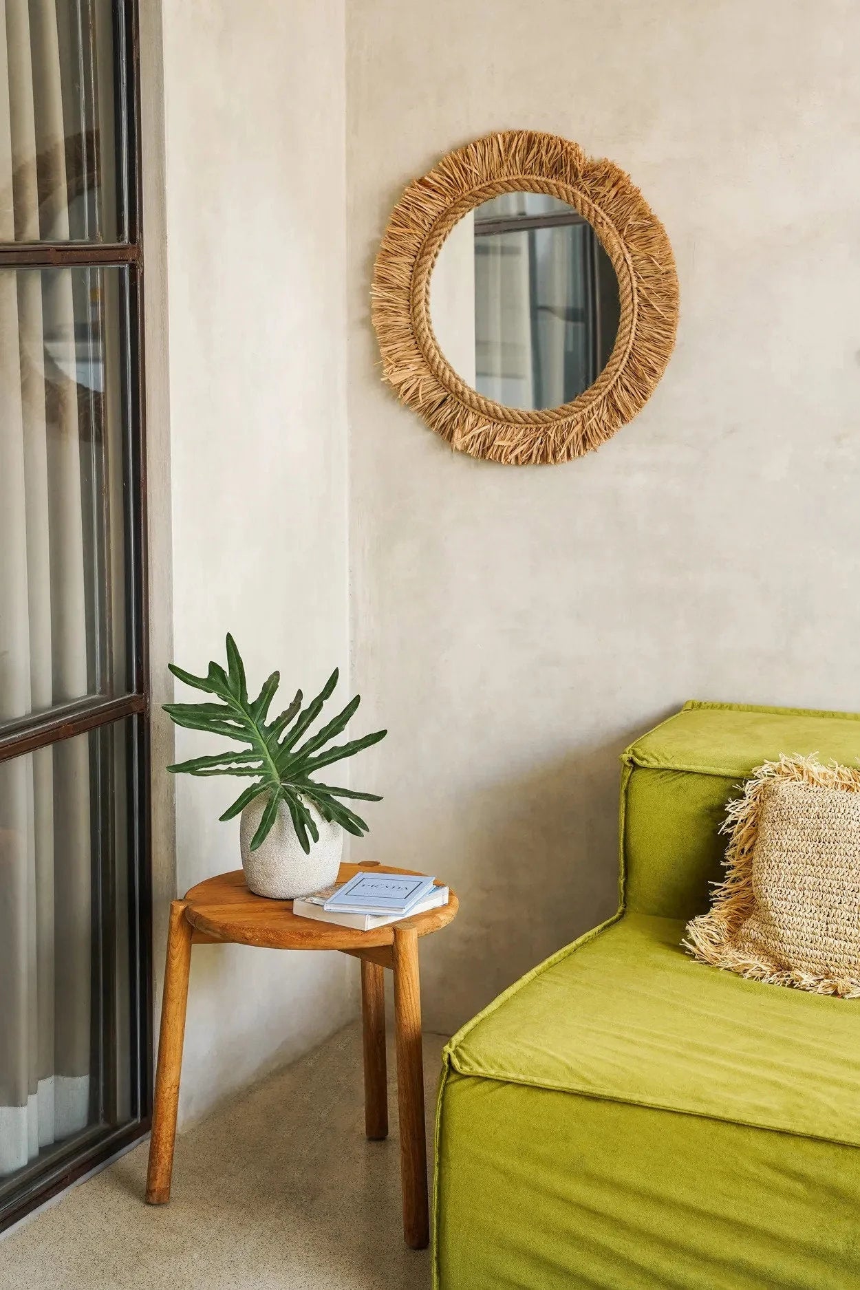 Miroir rond en raphia naturel 60 cm avec cadre à franges, artisanat indonésien