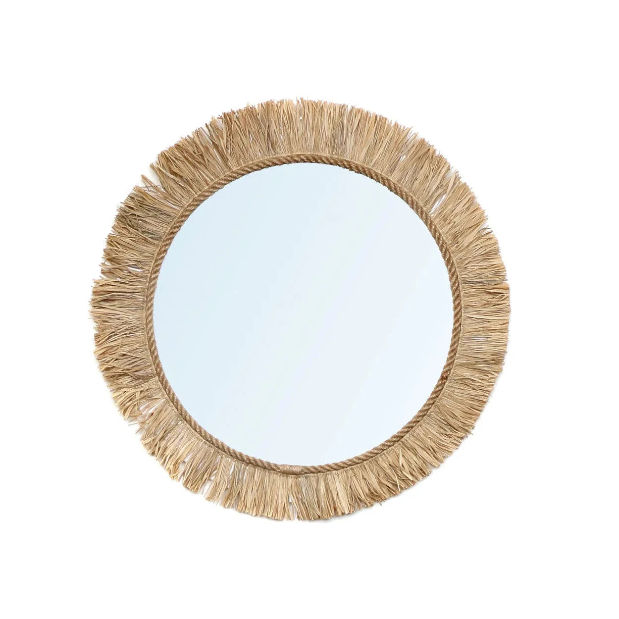 Miroir rond de 60 cm avec cadre en raphia naturel et frange tissée artisanale