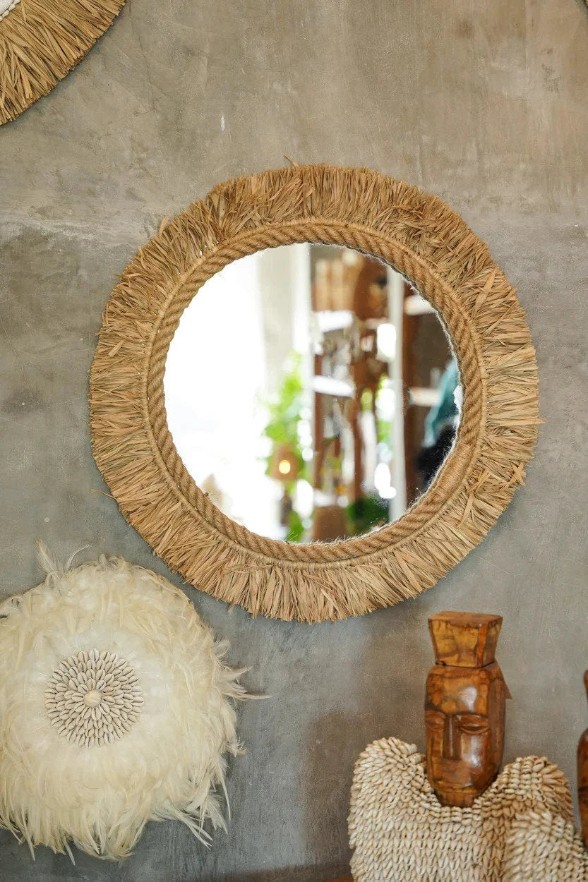 Miroir rond en raphia naturel 60 cm avec cadre en cordage et tissage artisanal indonésien