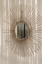 Miroir rond en rotin naturel avec cadre métallisé, style vintage 85 cm