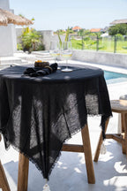 Nappe en lin noir 150x200 cm avec franges et tassels blancs pour table à manger
