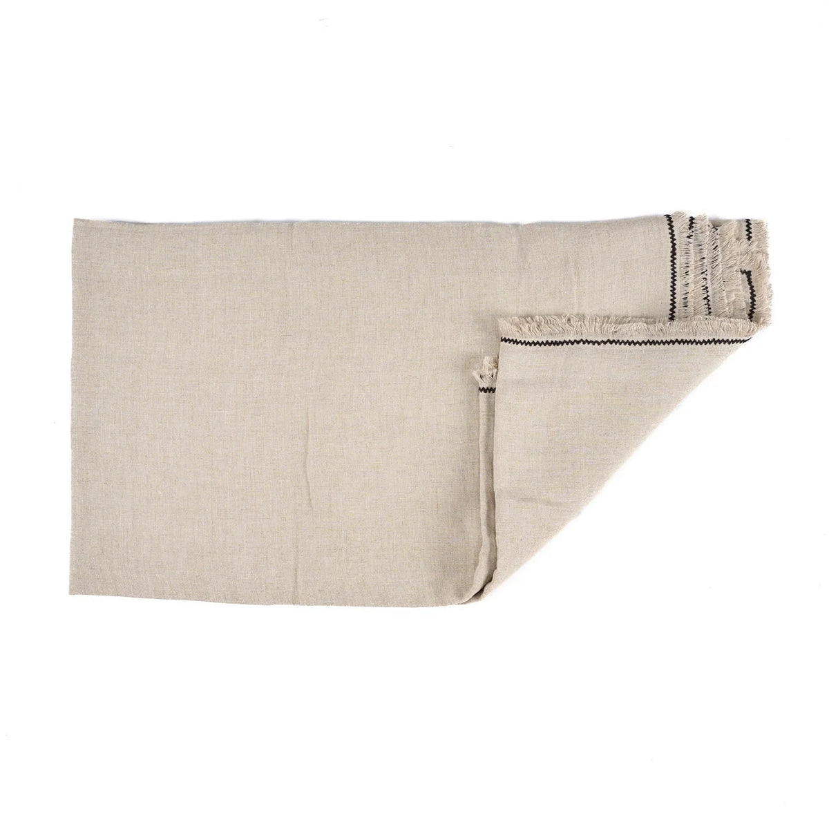 Nappe en lin beige rectangulaire avec franges et liseré noir, 150x250 cm
