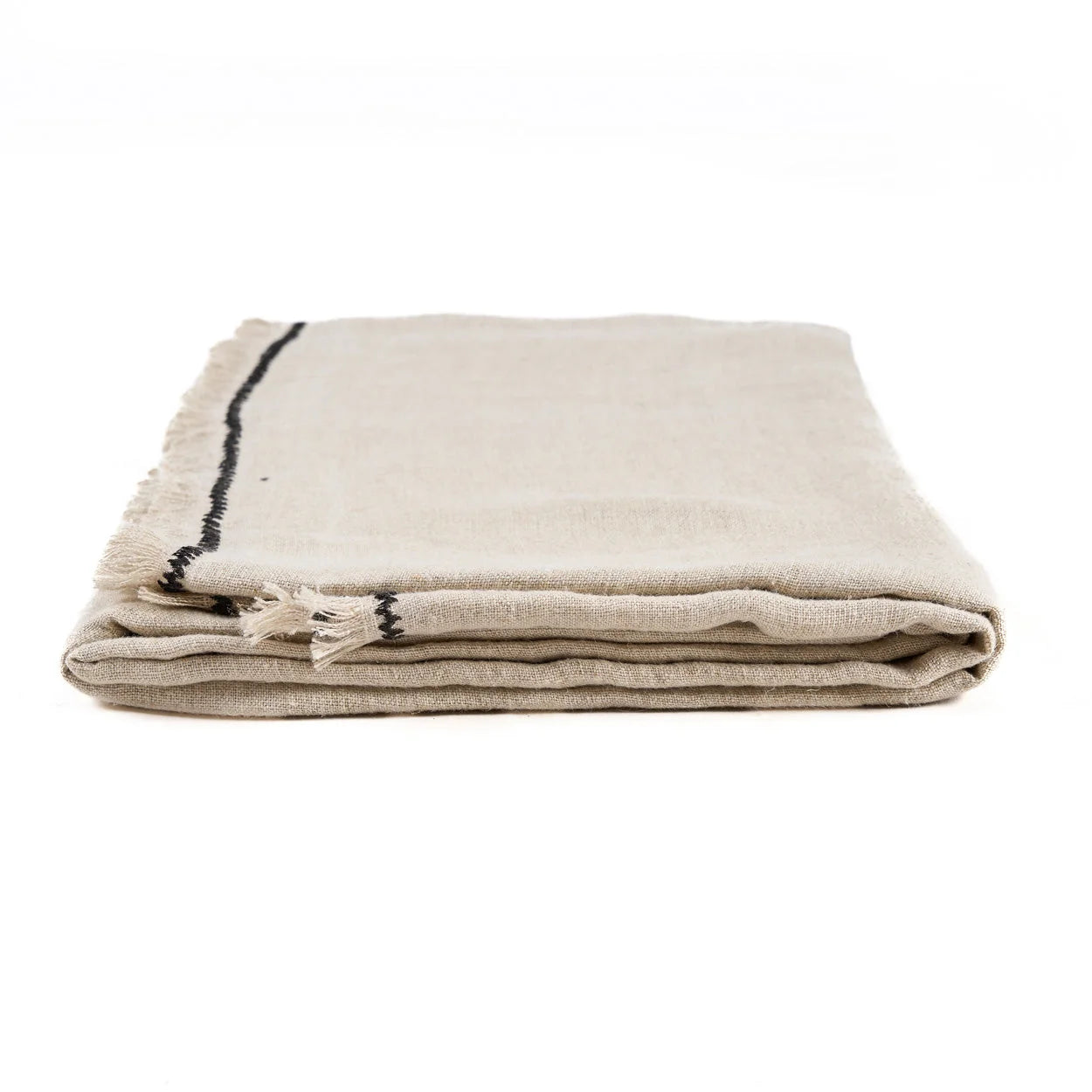 Nappe en lin beige rectangulaire avec bordure noire et franges, 150x250 cm