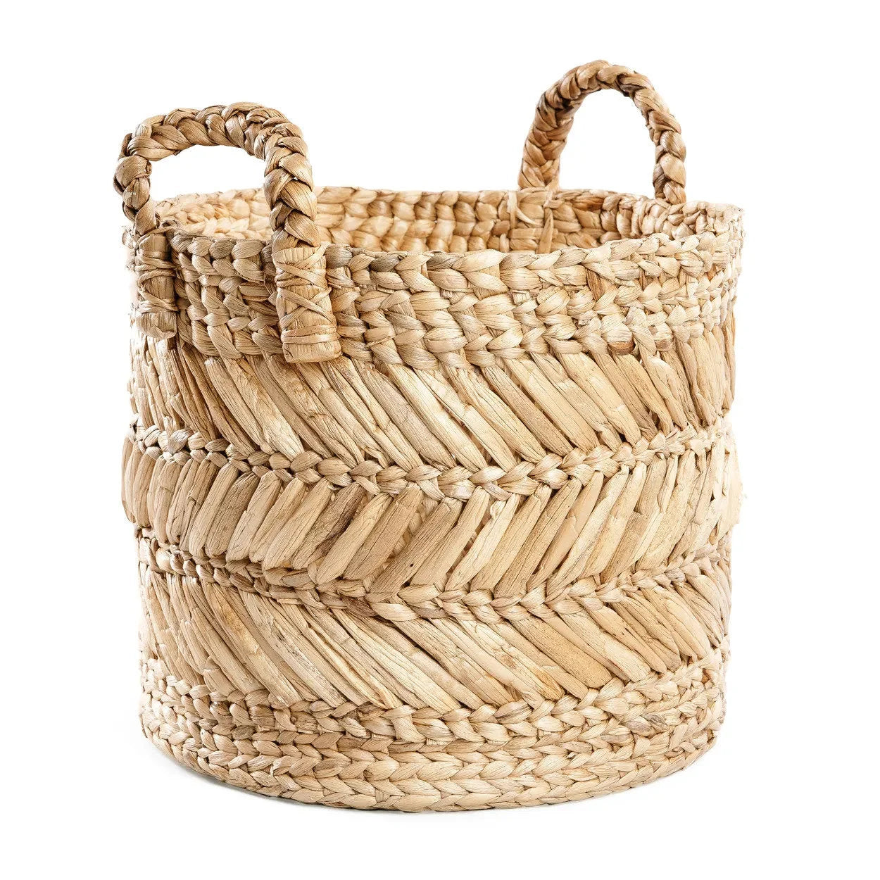Panier en feuilles de bananier motif chevron avec poignées tressées – Ø40 cm