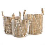 Panier en macramé cylindrique en jonc de mer naturel et blanc avec poignées – H45 cm