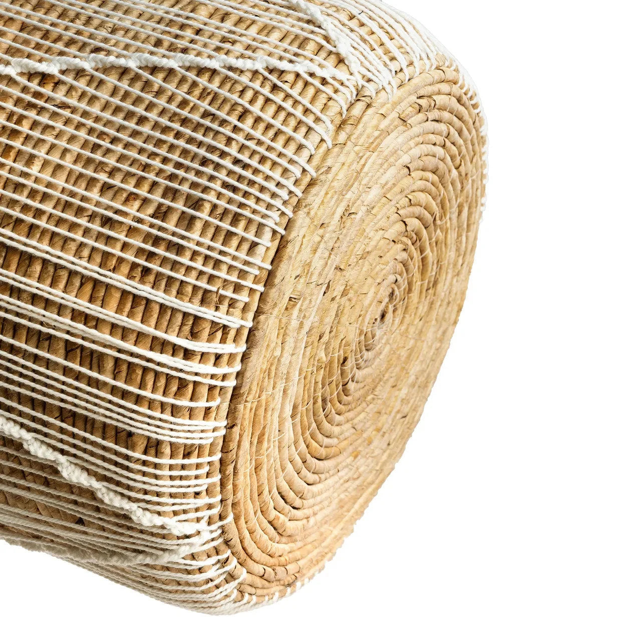 Panier en macramé cylindrique en jonc de mer naturel et blanc avec poignées – H45 cm