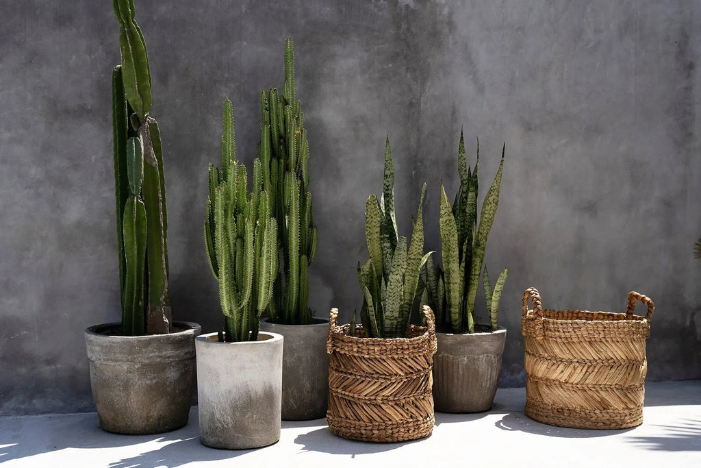 Panier de rangement cylindrique en feuilles de bananier tressées naturel – H34 cm