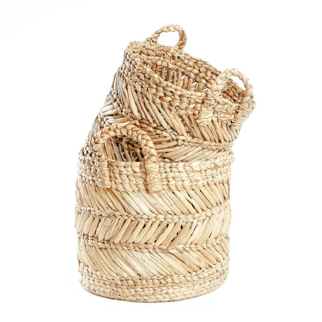 Panier de rangement cylindrique en feuilles de bananier tressées naturel – H34 cm