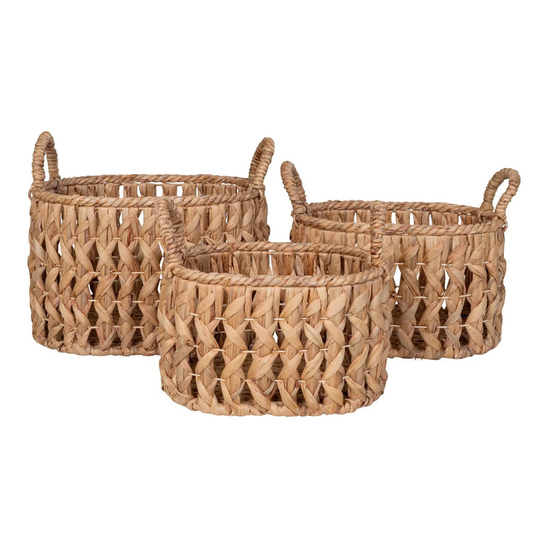 Panier de rangement en jacinthe d'eau avec anses tressées naturel – Set de 3