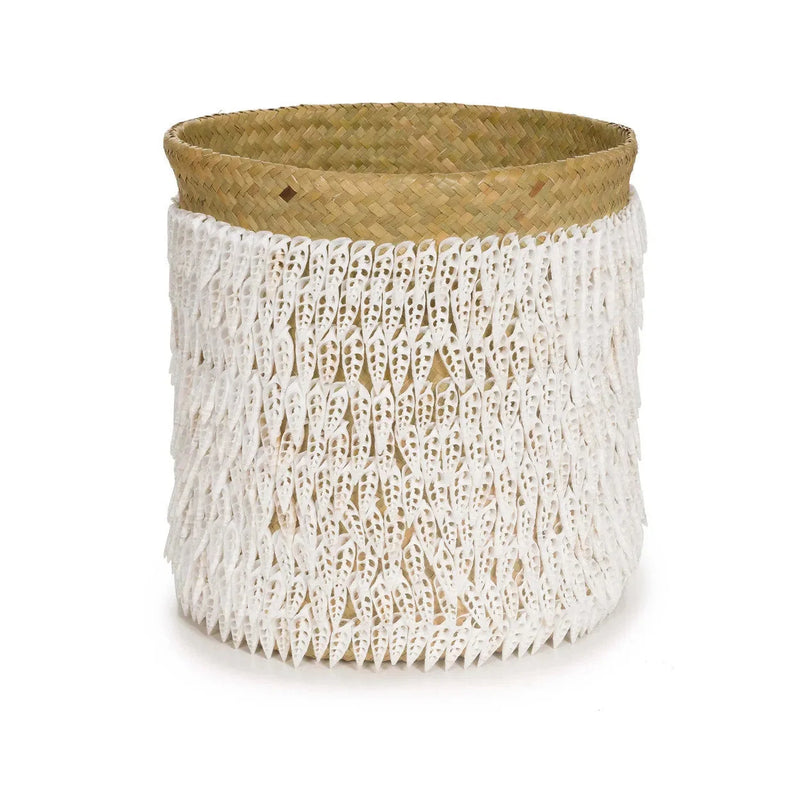 Panier de rangement en pandan et coquillages naturel blanc – H40 cm