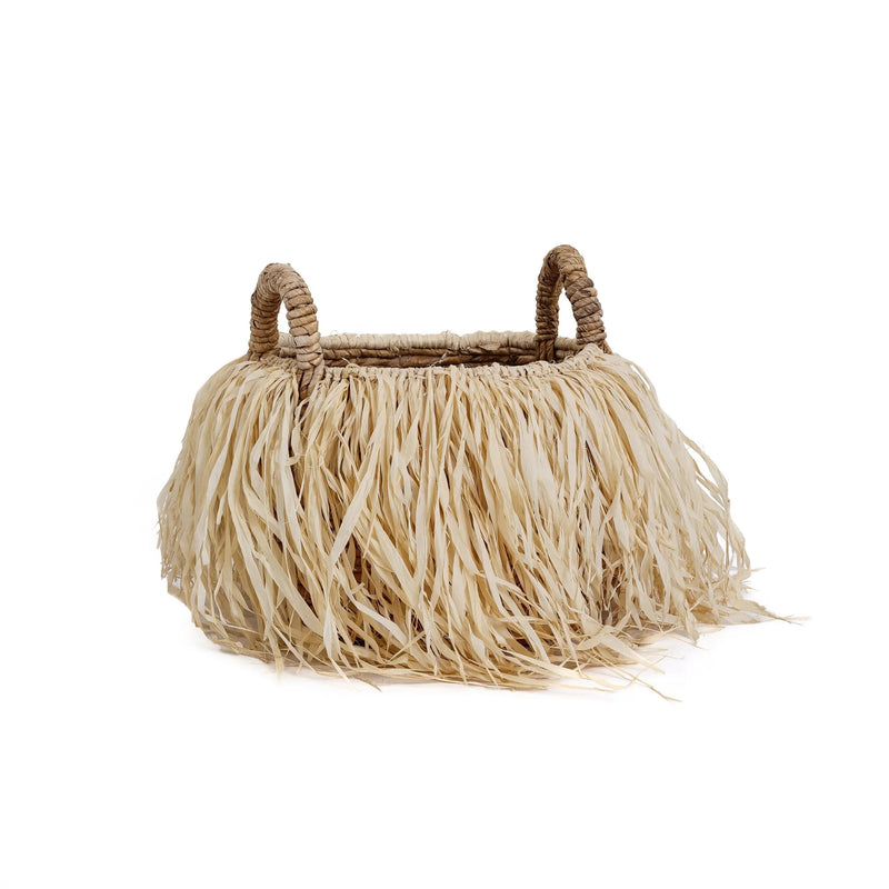 Panier de rangement rond en feuilles de bananier avec franges en raphia naturel – Ø33 cm
