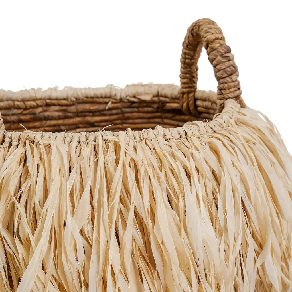 Panier de rangement rond en feuilles de bananier avec franges en raphia naturel – Ø33 cm