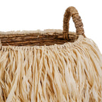 Panier de rangement rond en feuilles de bananier avec franges en raphia naturel – Ø33 cm
