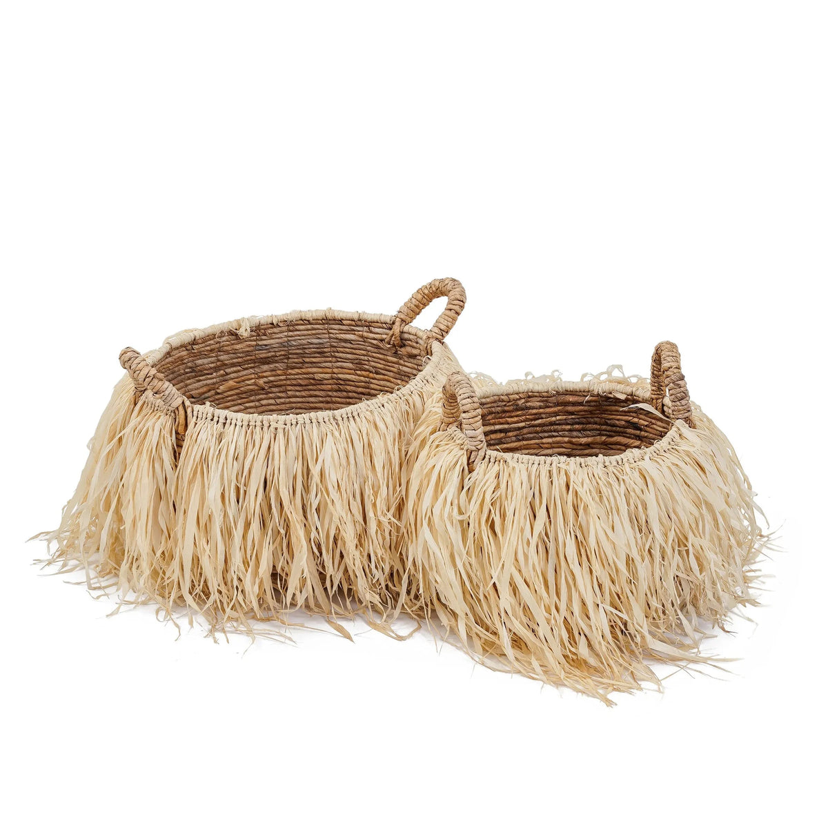 Panier de rangement rond en feuilles de bananier avec franges en raphia naturel – Ø33 cm