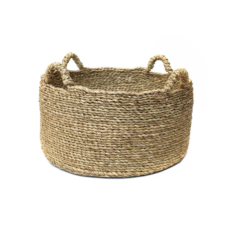 Panier de rangement rond en jacinthe d’eau tressée naturel avec poignées – Ø52 cm