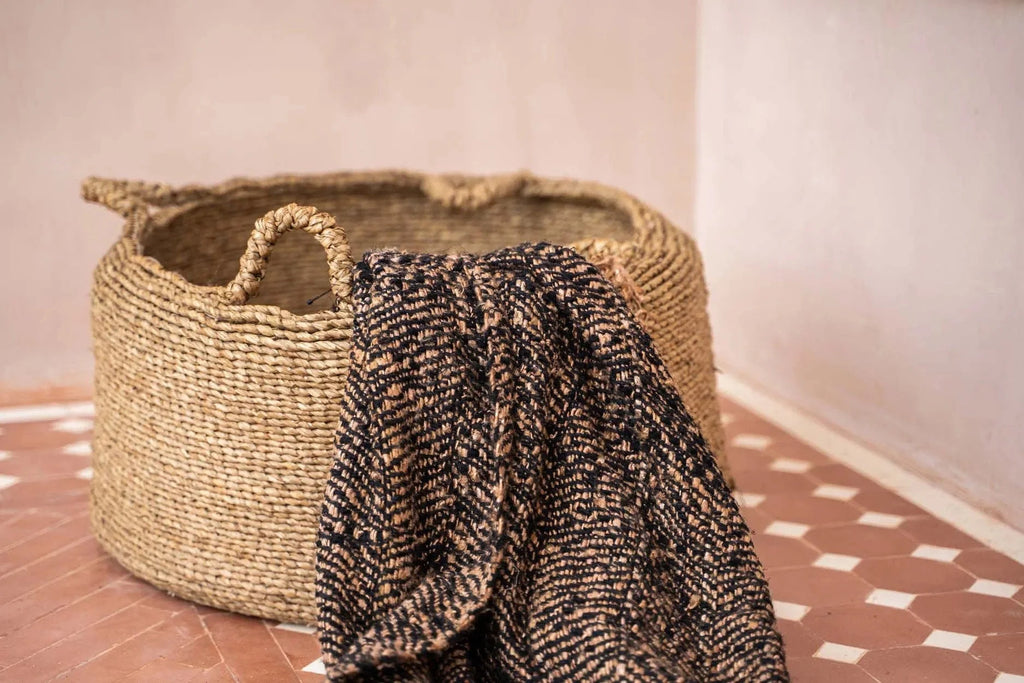 Panier de rangement rond en jacinthe d’eau tressée naturel avec poignées – Ø52 cm