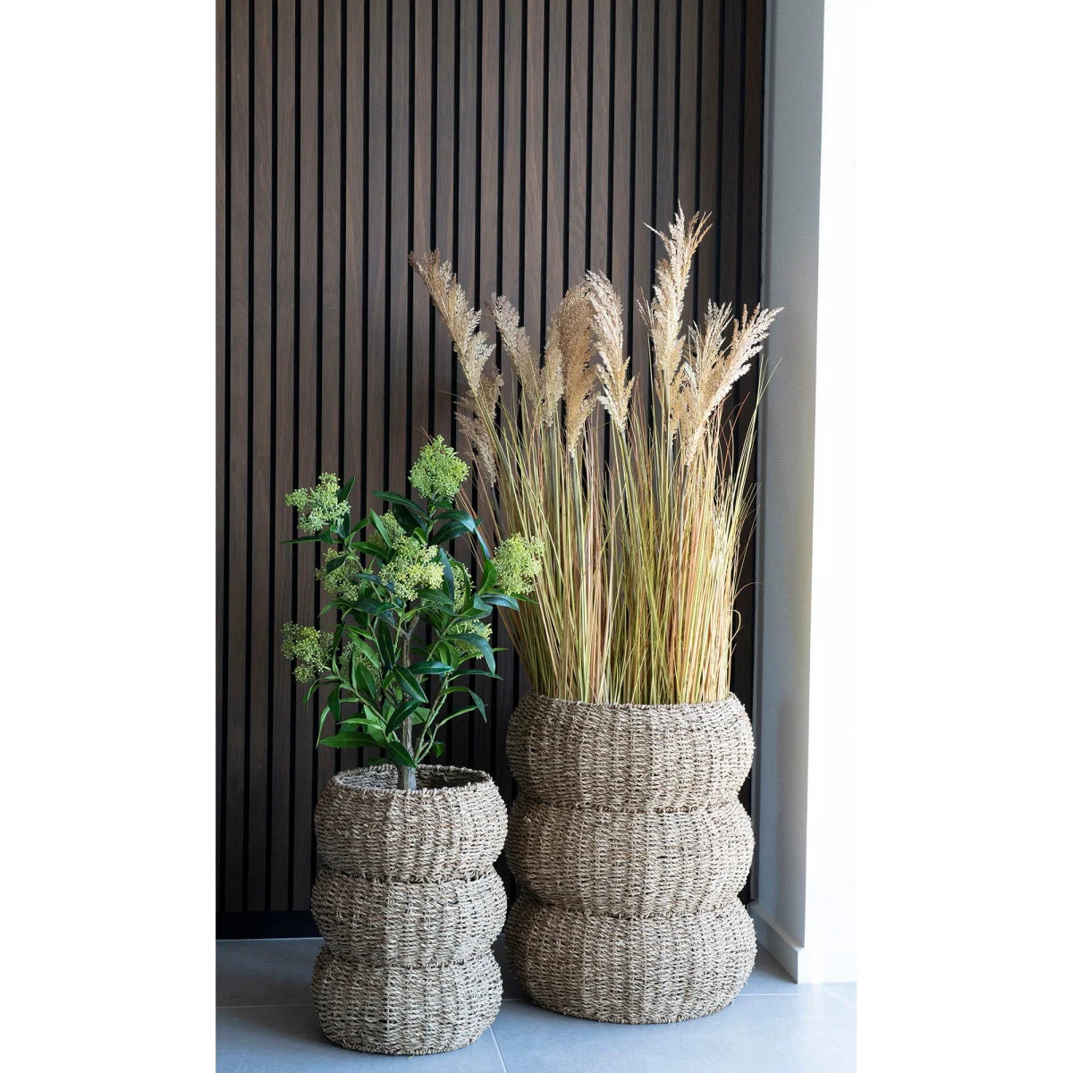 Deux paniers cylindriques en jonc tressé naturel avec pampa et arbuste fleuri