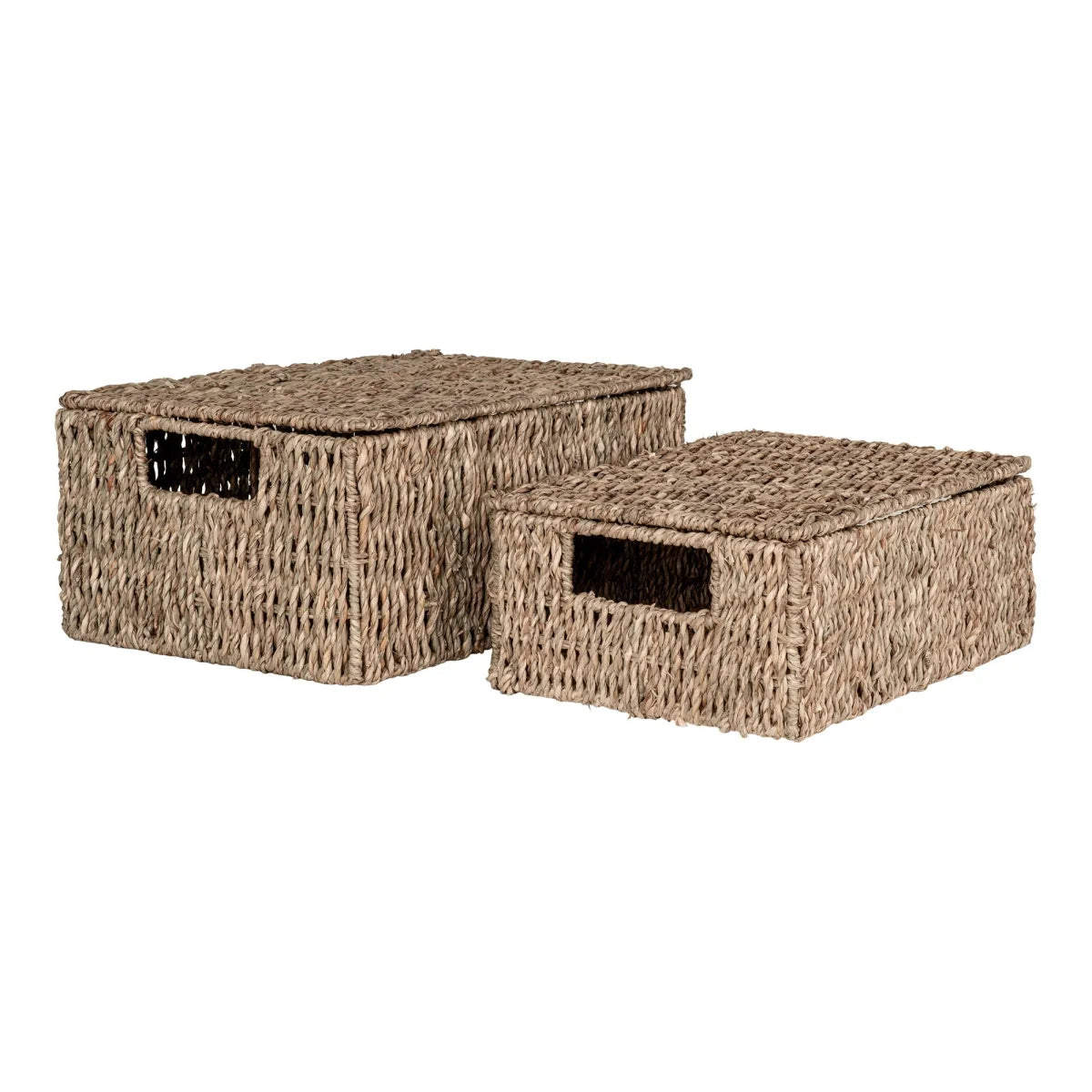 Deux paniers rectangulaires en fibres naturelles avec couvercle et poignées