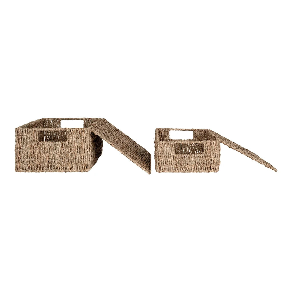 Paniers rectangulaires en fibres naturelles avec couvercle et poignées, set de 2