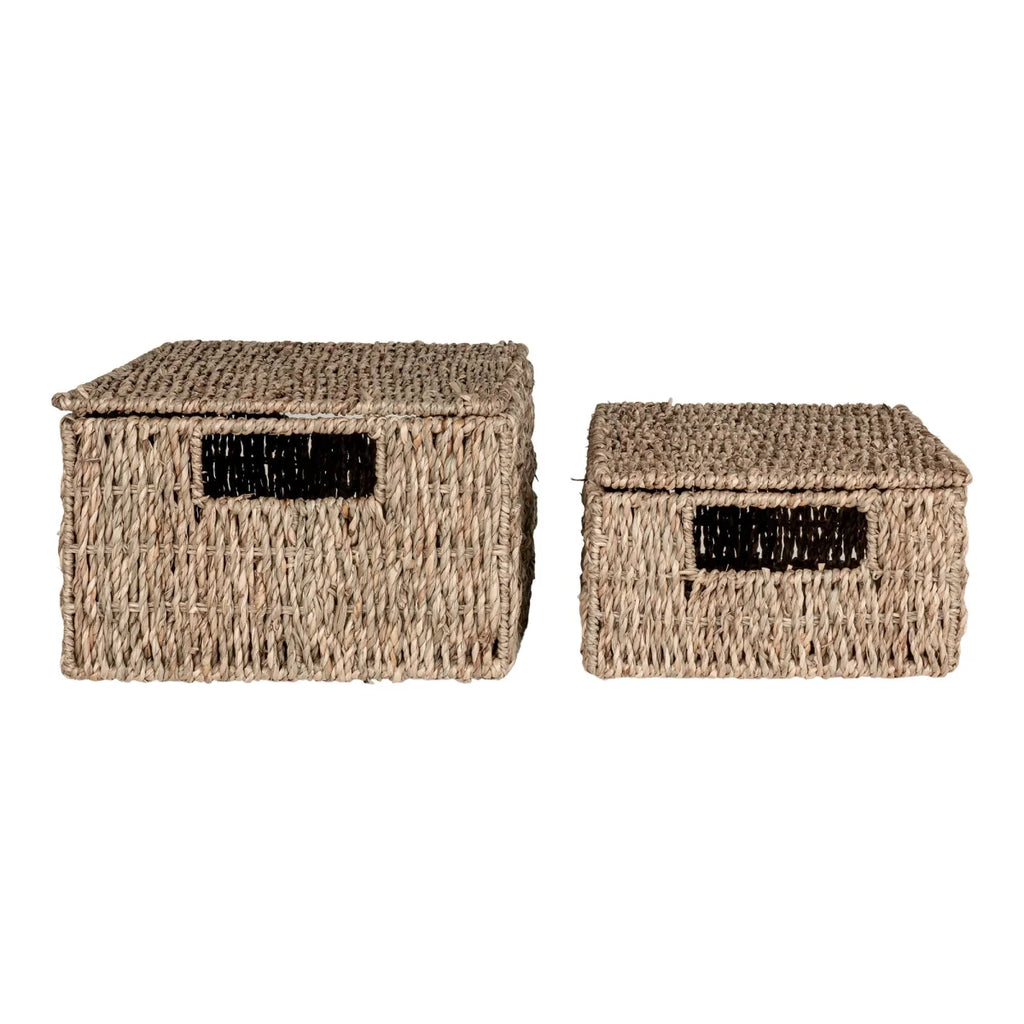 Paniers rectangulaires en fibres naturelles avec couvercle et poignées noires