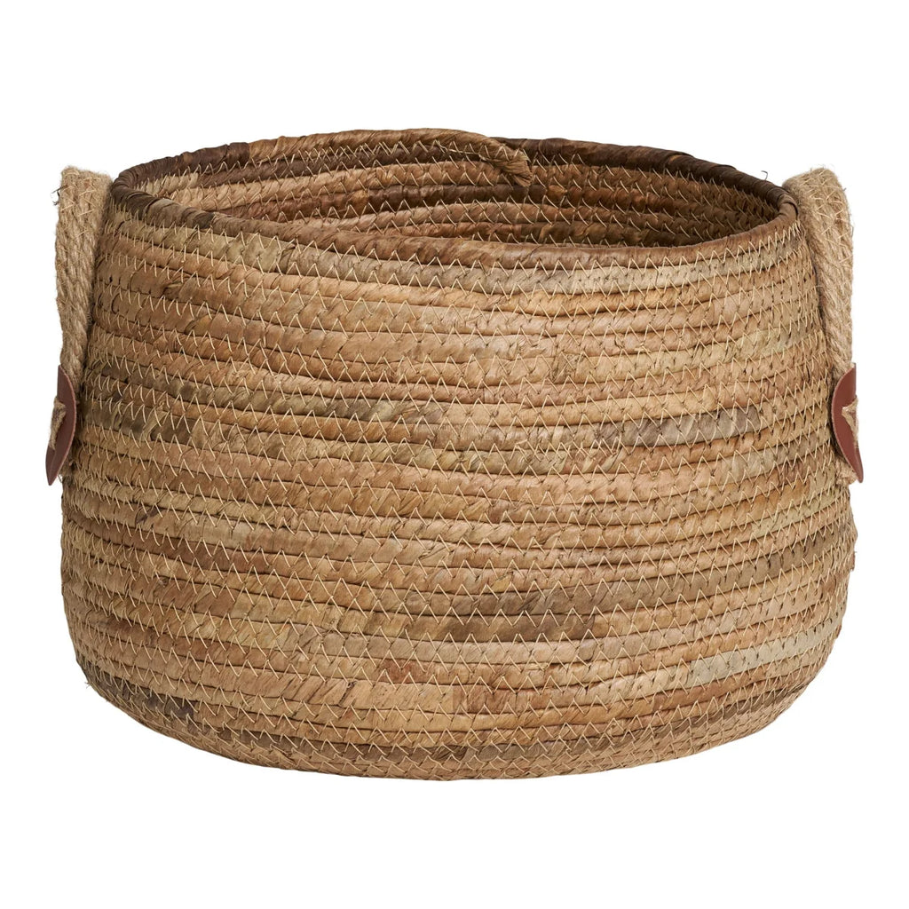 Panier rond en feuilles de bananier avec anses en cuir naturel