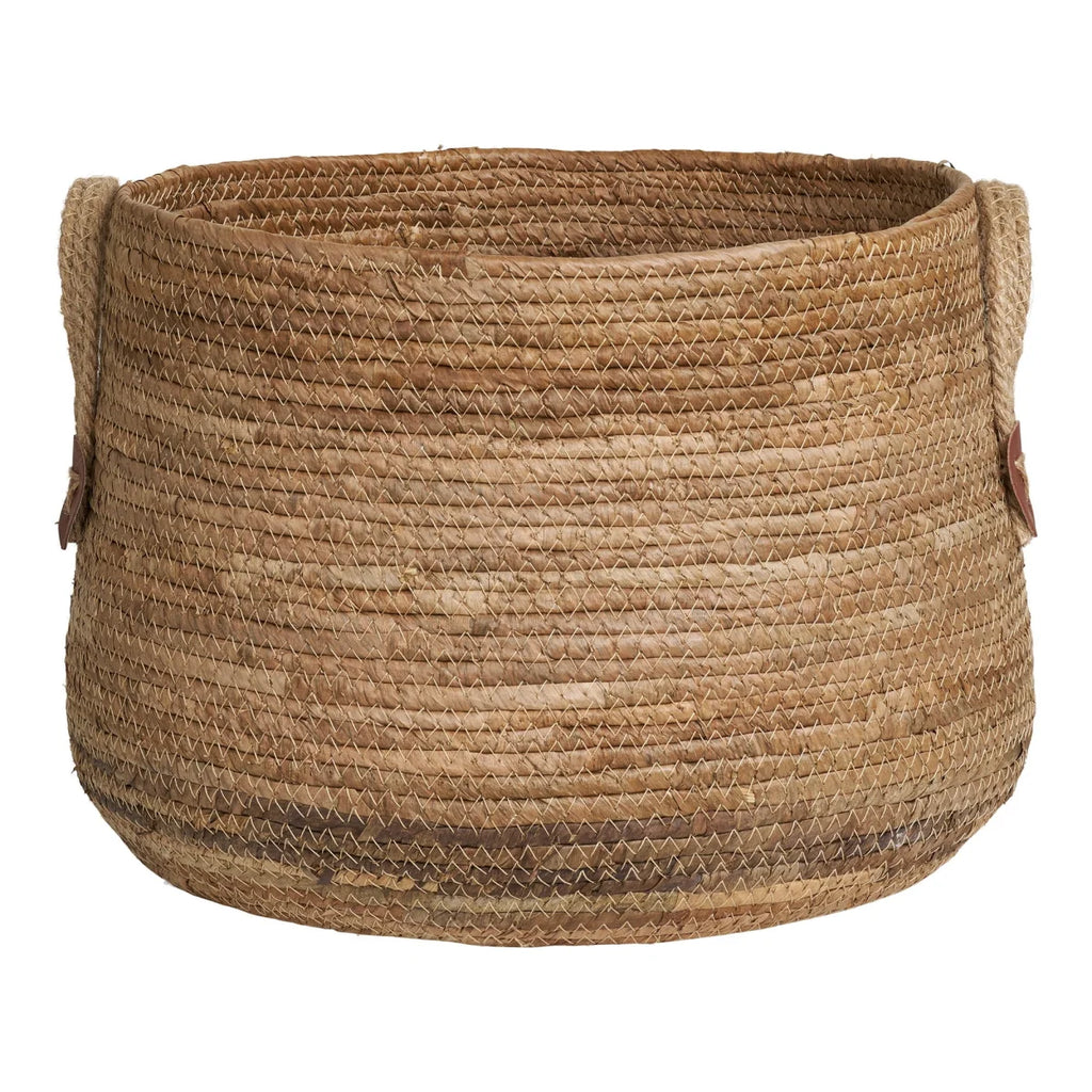 Panier rond en feuilles de bananier avec anses en cuir naturel, lot de 2