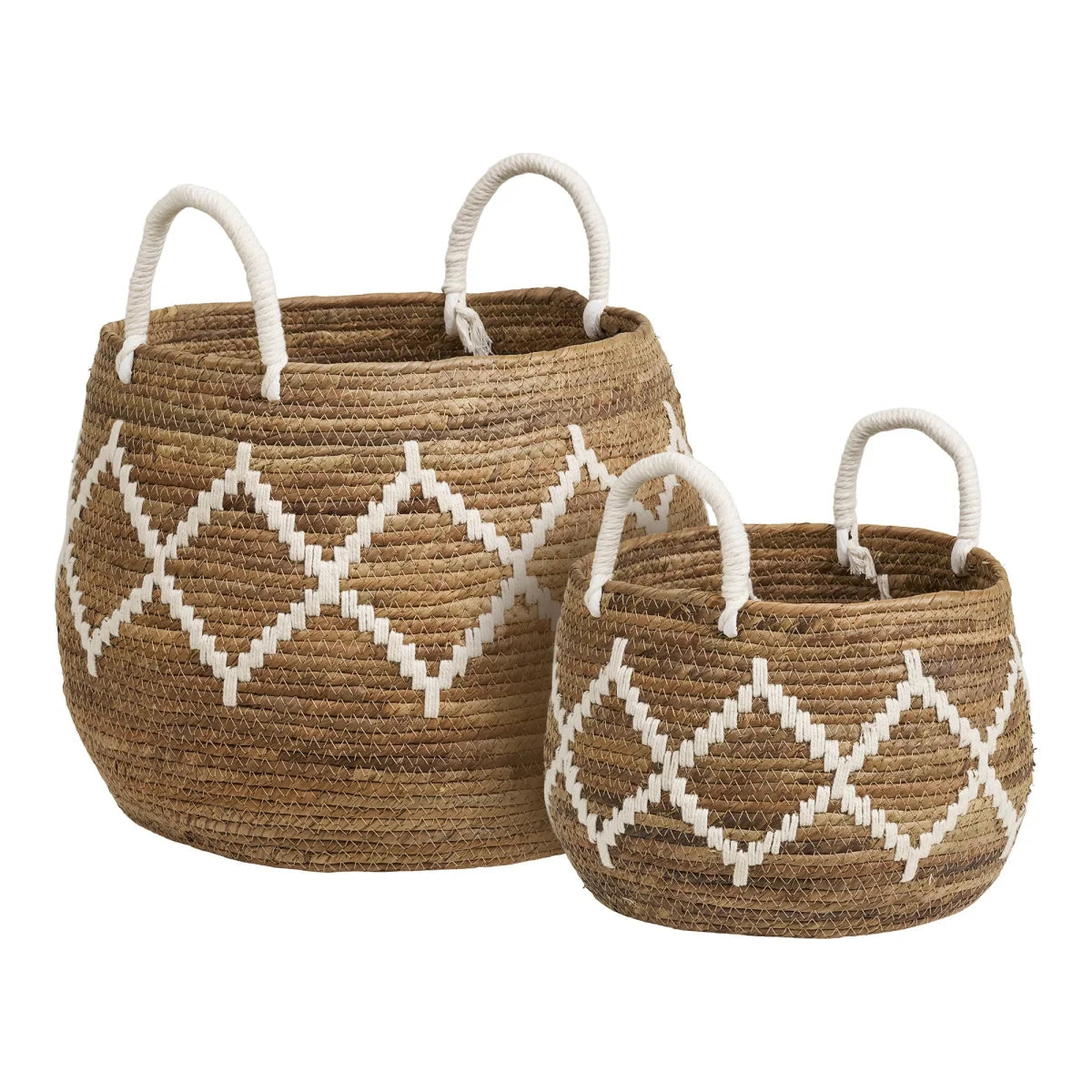 Deux paniers ronds en feuilles de bananier à motif losanges blancs, lot de 2