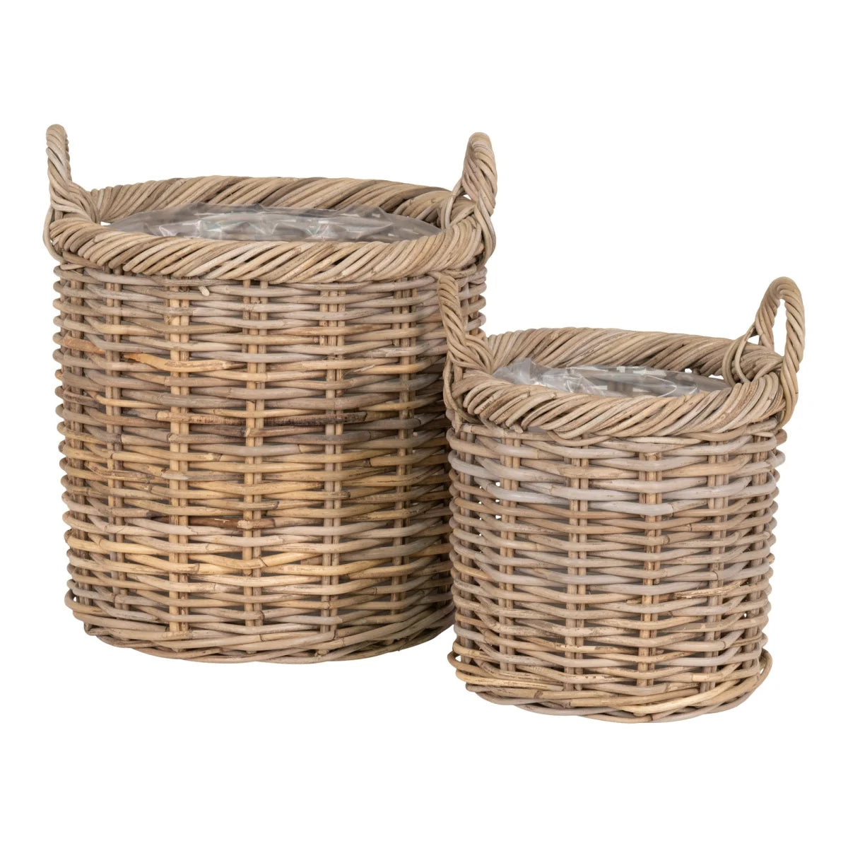 Set de 2 paniers ronds en rotin tressé gris avec anses