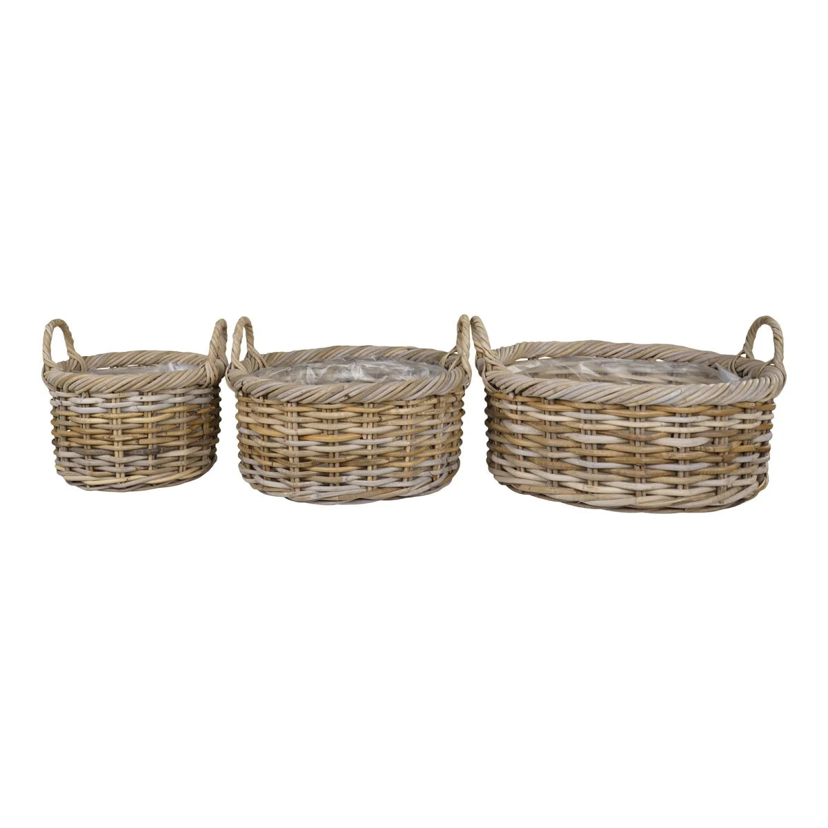 Set de 3 paniers ronds en rotin tressé gris avec anses