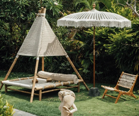 Parasol en macramé balinais 180 cm avec pied en bois