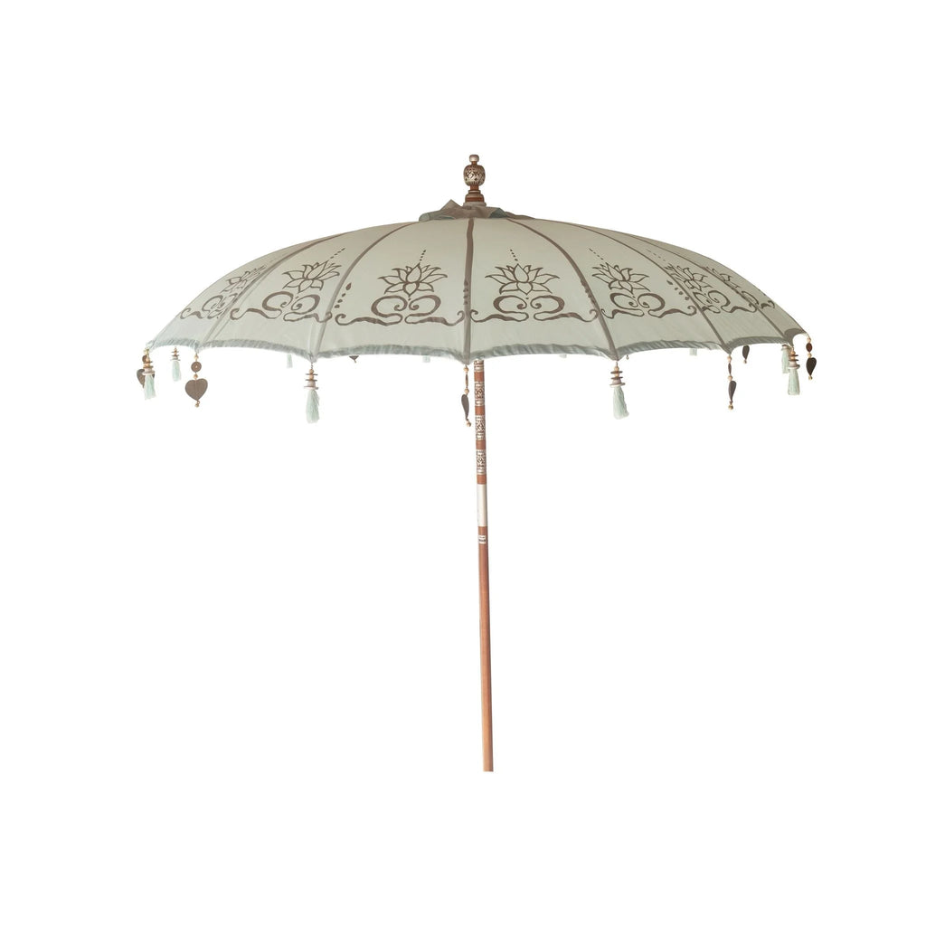 Parasol rond blanc orné de franges et motifs tropicaux de 250 cm de diamètre