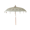 Parasol rond blanc orné de franges et motifs tropicaux de 250 cm de diamètre