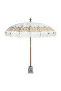 Parasol rond crème avec franges et bordures dorées pour extérieur, 180 cm de diamètre