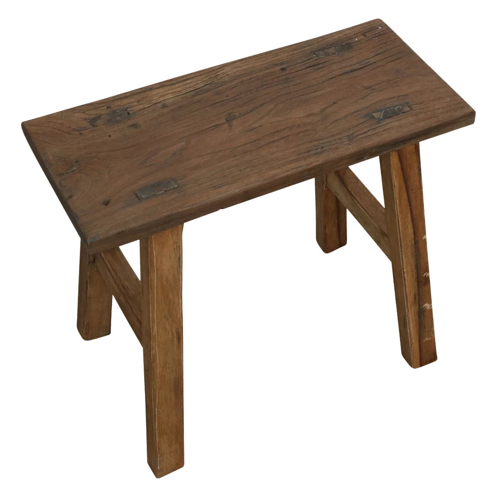 Petit banc en teck recyclé patiné brun miel 35x30 cm rustique