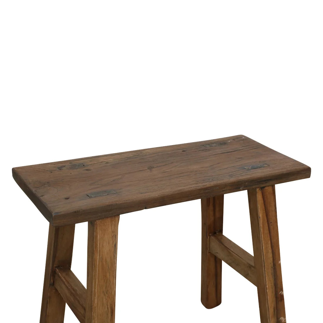 Petit banc en teck recyclé patiné brun miel, 35x30 cm, vue arrière