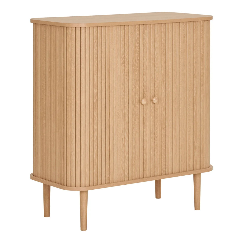 Petit buffet bas en bois naturel strié, 80x40 cm, 2 portes coulissantes