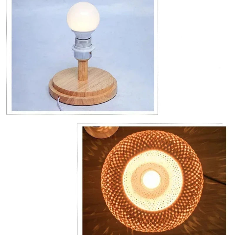 Détail du socle en bois de la petite lampe rotin avec une ampoule visible