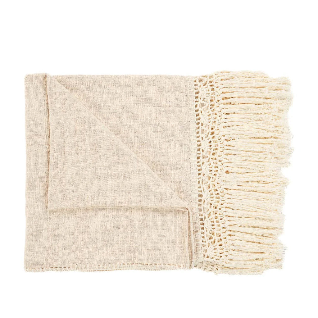 Plaid en coton beige avec bordure macramé à franges, 135x270 cm
