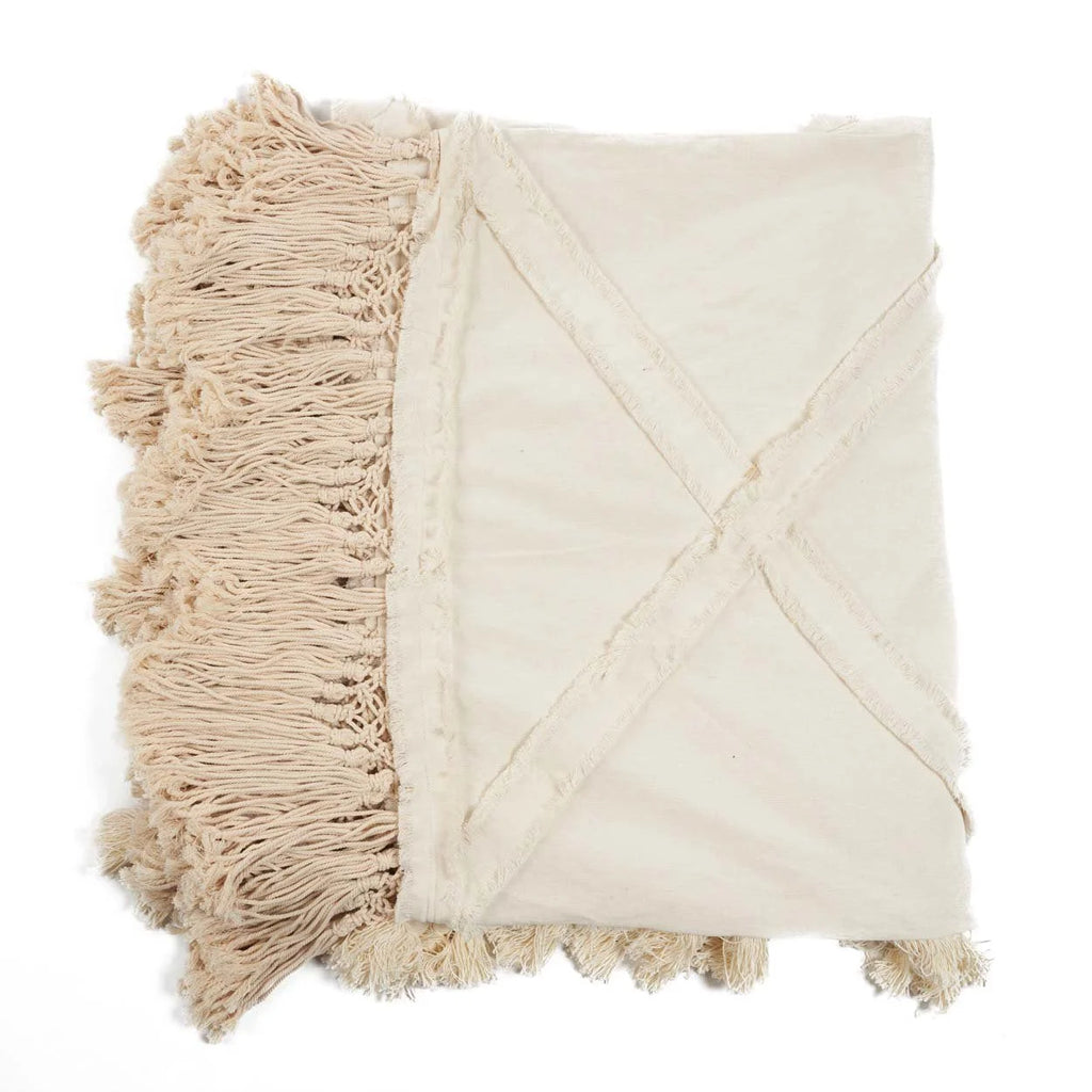 Plaid en coton écru avec franges, pompons décoratifs et motif croisé, 240x300 cm