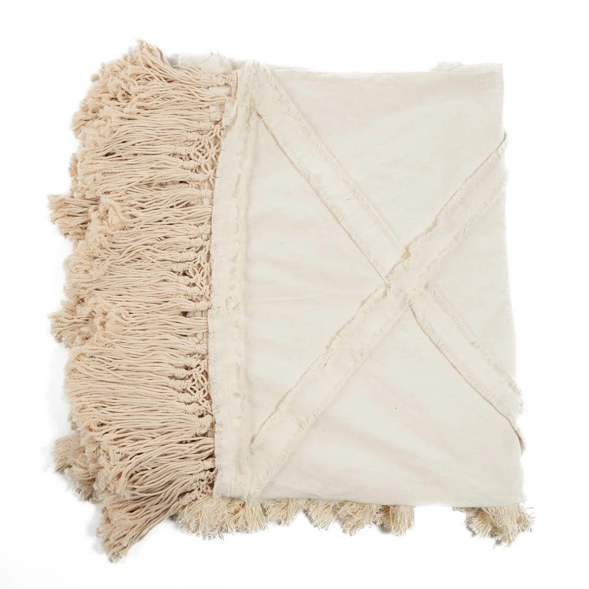 Plaid en coton écru avec franges, pompons décoratifs et motif croisé, 240x300 cm