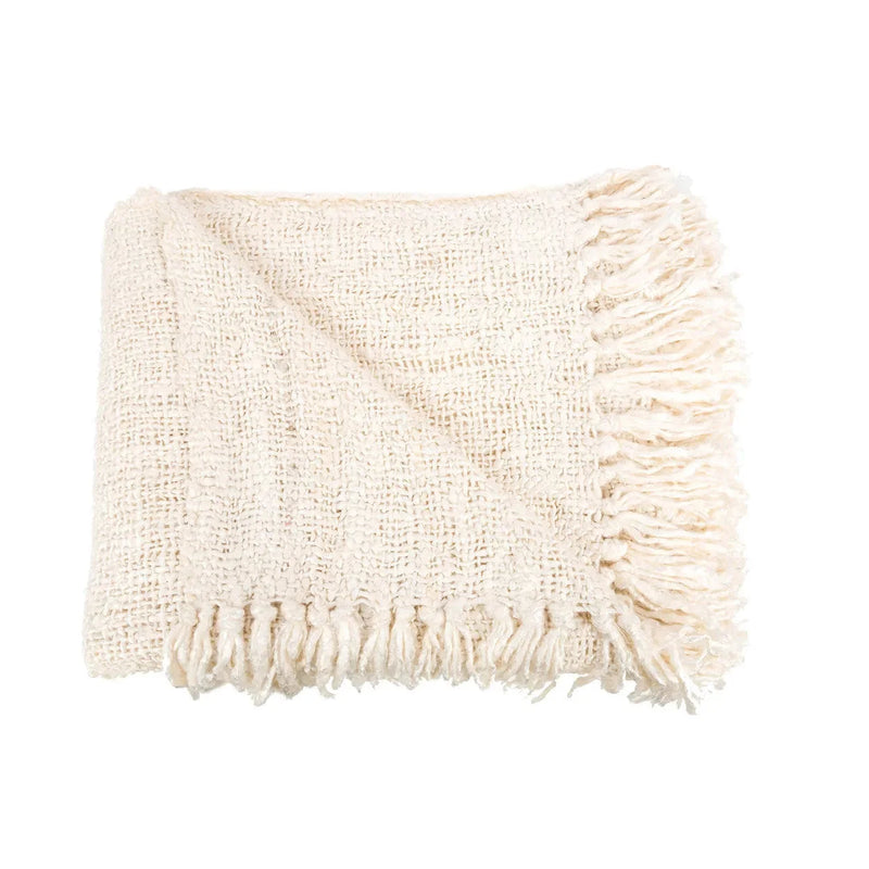 Plaid en coton gaufré crème avec franges décoratives – 170x130 cm