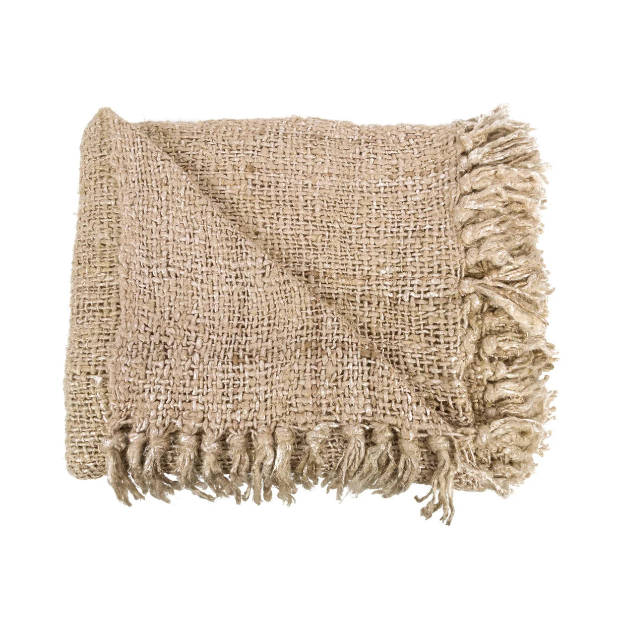 Plaid en coton beige tissé avec franges pour lit ou canapé 130x170 cm