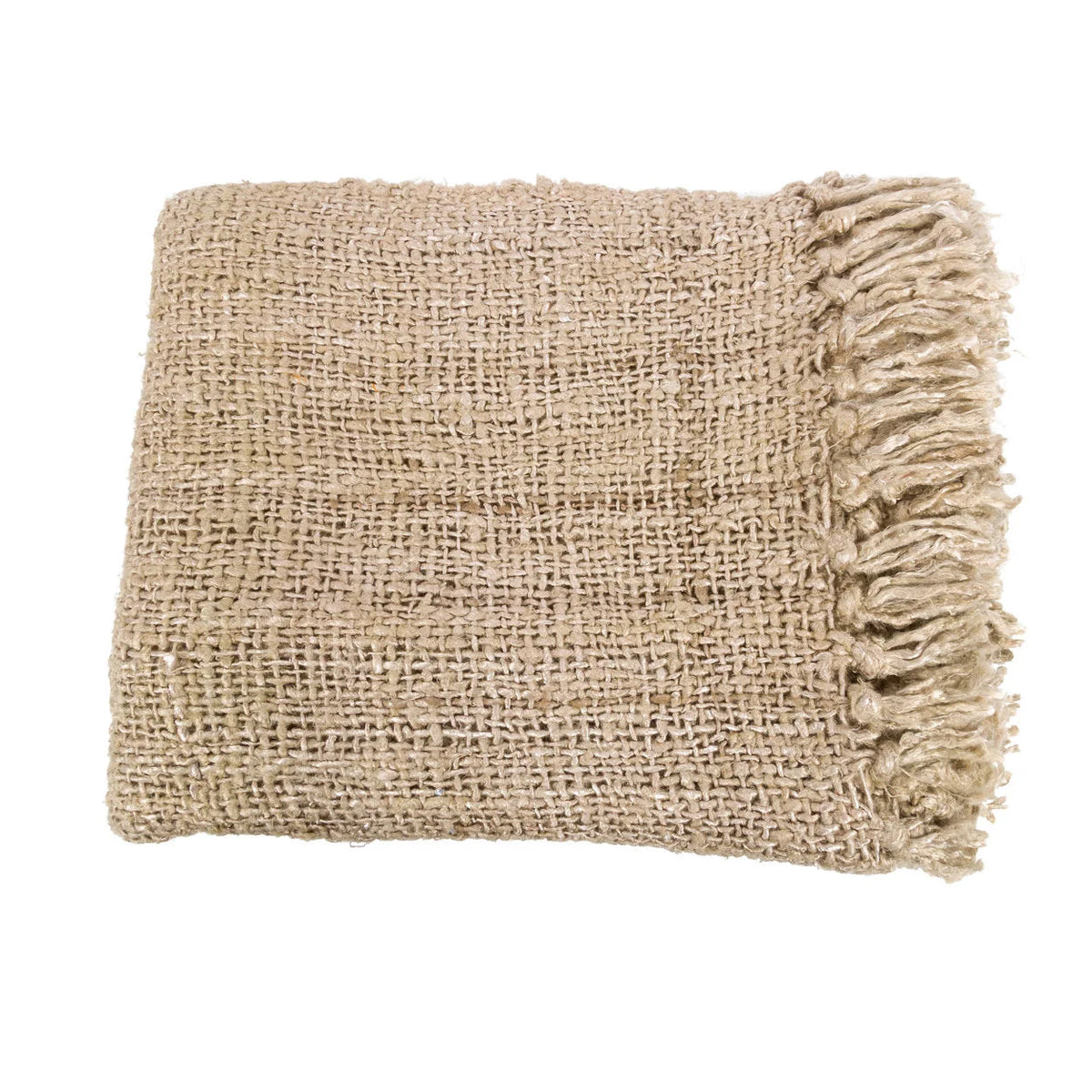 Plaid en coton tissé beige à franges pour lit ou canapé, 130x170 cm