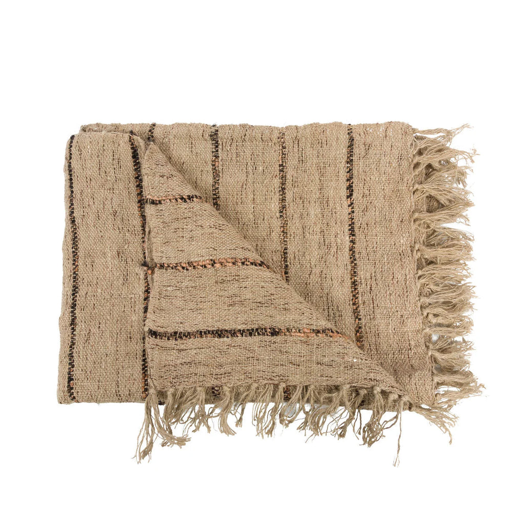Plaid en coton tissé beige rayé avec franges déco pour canapé ou lit