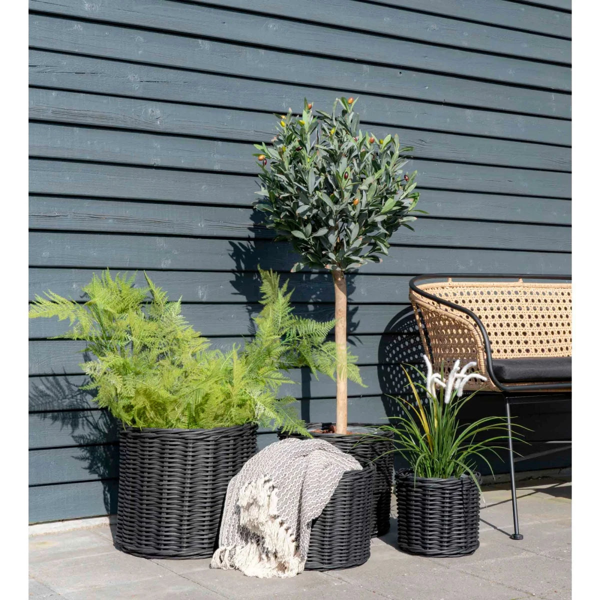 Jardinières en osier tressé noir de tailles variées