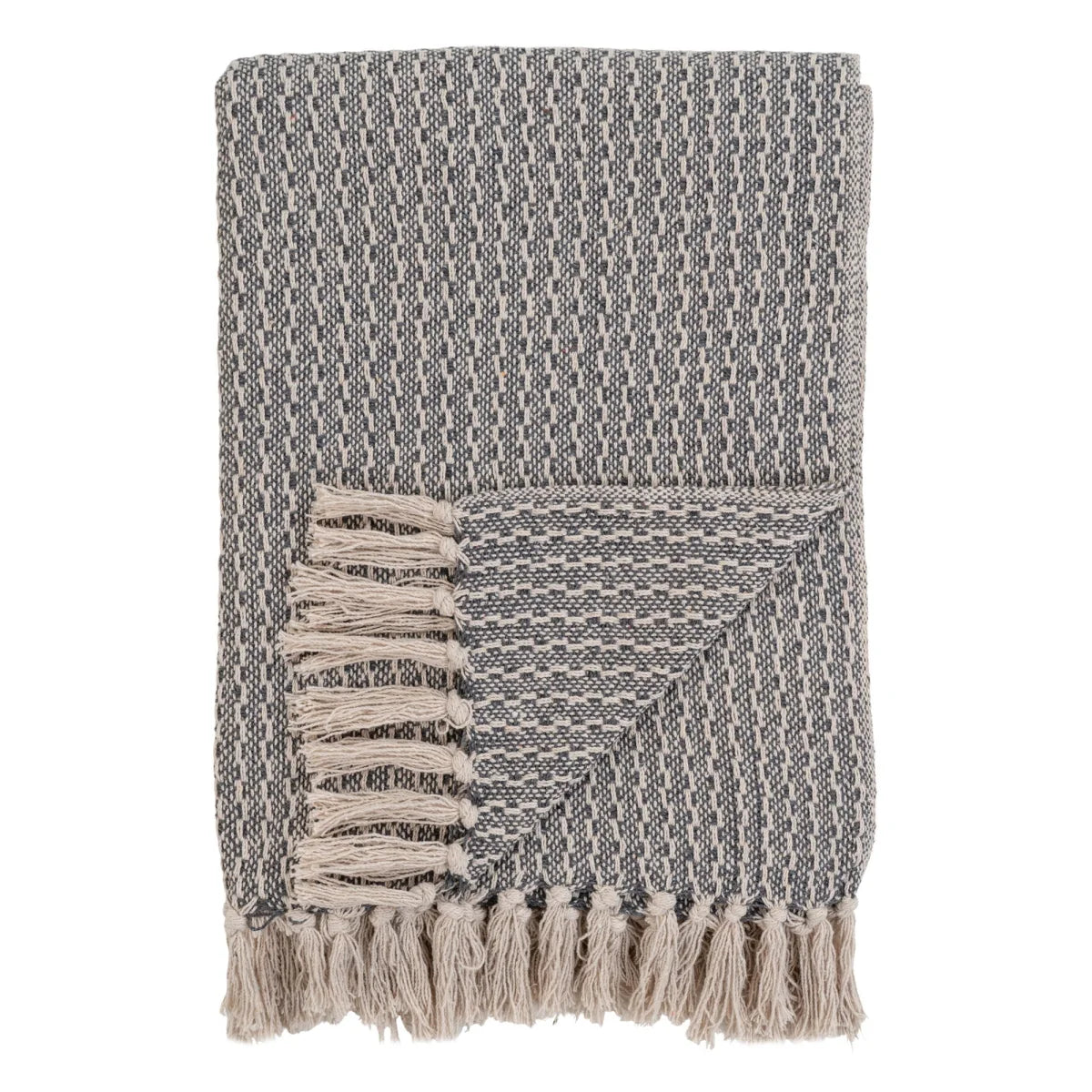 Couverture en coton tissé gris et beige à carreaux avec franges