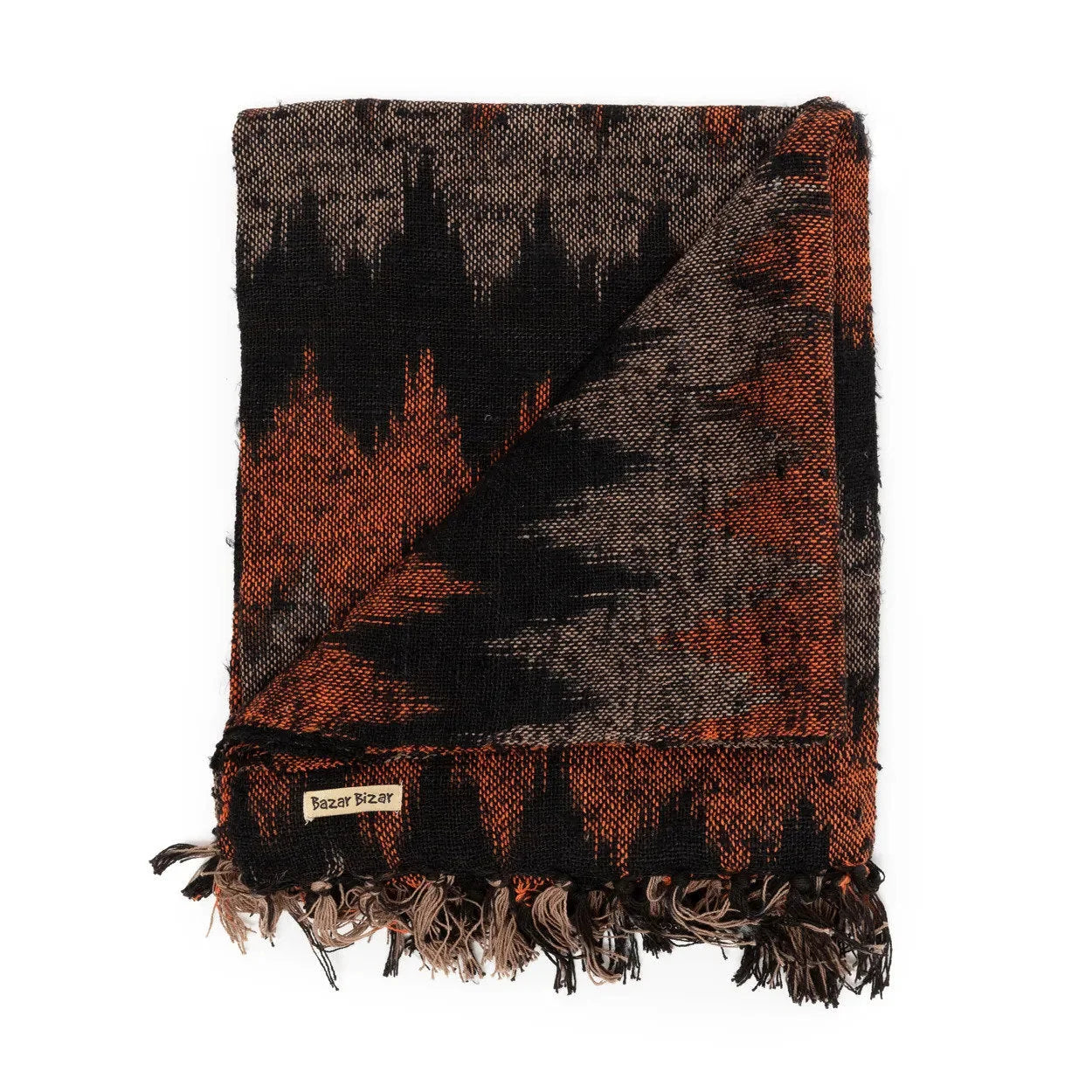 Plaid en coton tissé noir et orange motif géométrique avec franges