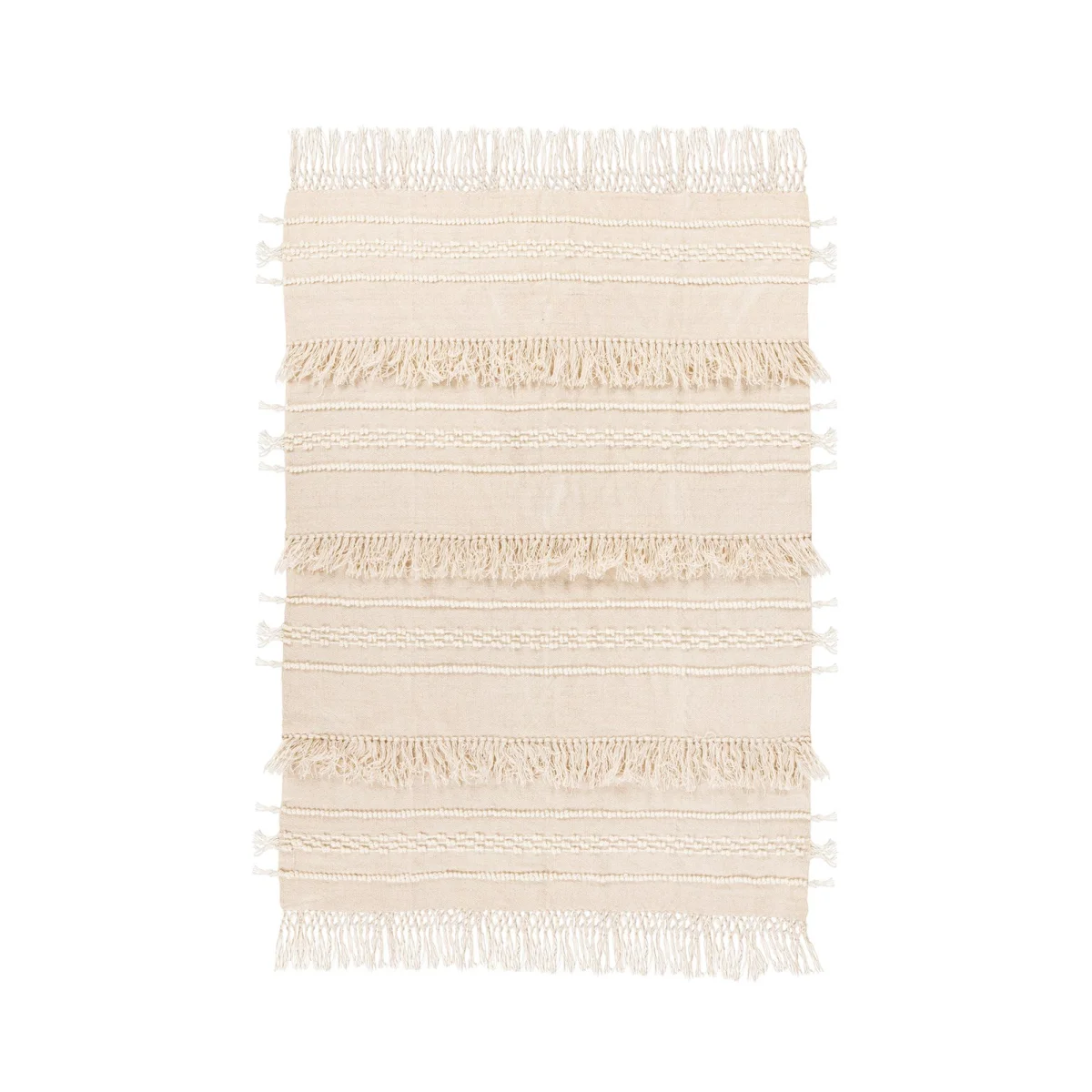 Tapis en laine écrue avec franges horizontales et motifs en relief 130x170 cm