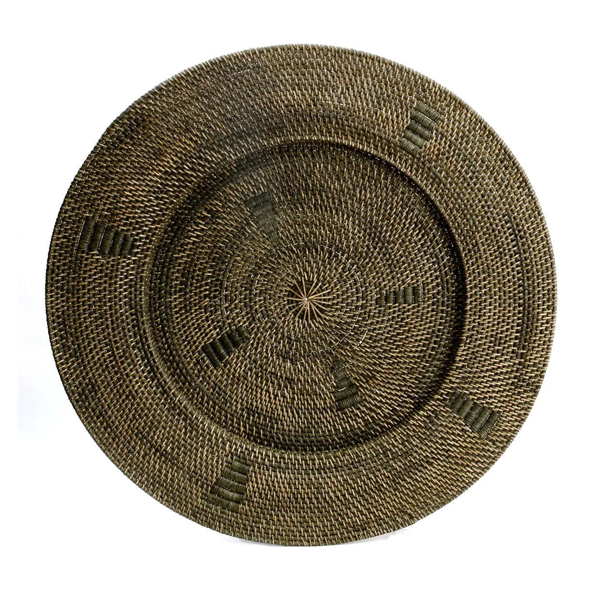 Plateau mural rond en rotin tressé brun avec motifs ethniques, diamètre 80 cm