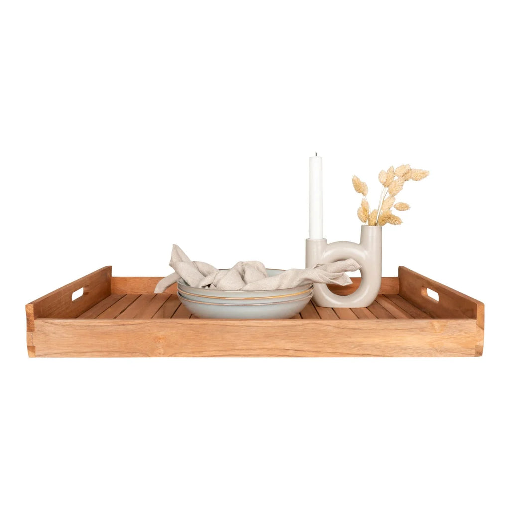 Plateau rectangulaire en teck naturel 58x38 cm avec poignées ajourées